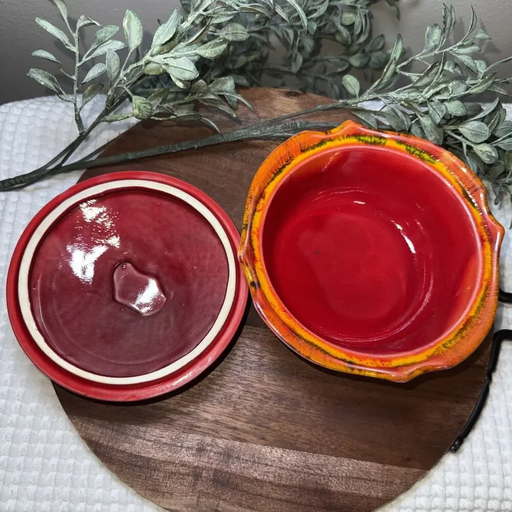 VTG Maurice of California RF60 Covered Casserole Dish Red Drip Glaze MCM USA